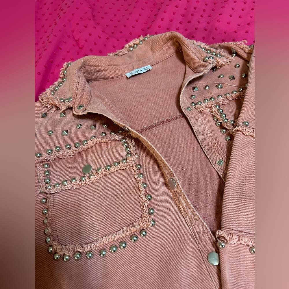 Salmon/Pink Oversized Denim Jacket with Silver Rivets
